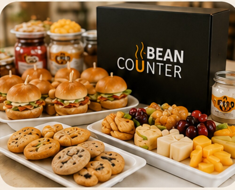 A Bean Counter catering spread — sliders, cookies, and a fruit and cheese tray