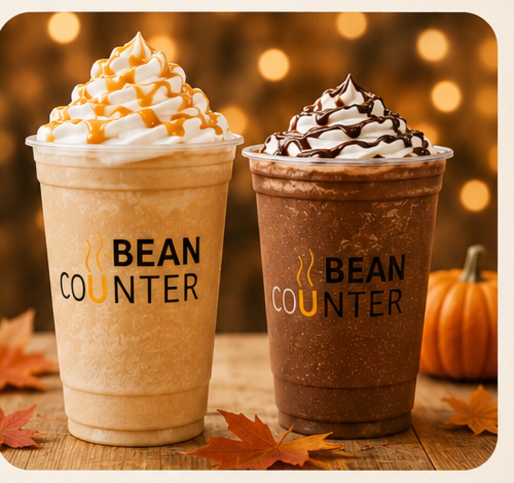 Two seasonal blended Bean Counter drinks with whipped cream, caramel and chocolate